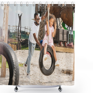 Personality  African American Father And Daughter On Tire Swing Having Fun On Playground Shower Curtains