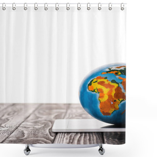 Personality  Globe On Digital Tablet Isolated On White, E-commerce Concept Shower Curtains