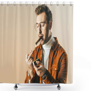 Personality  Portrait Of Stylish Man In Eyeglasses Lighting Up Cigar Isolated On Beige Shower Curtains