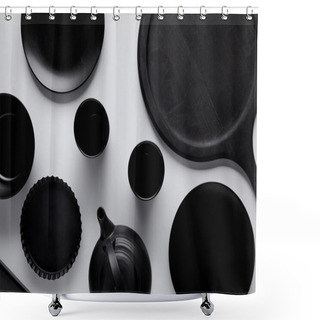 Personality  Top View Of Black Teapot, Plates, Bowl, Baking Dish And Cups Near Tray On White Table Shower Curtains