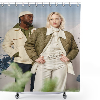Personality  Attractive Stylish Couple In Warm Clothes Posing Next To Fir Tree With Mountain Backdrop, Winter Shower Curtains