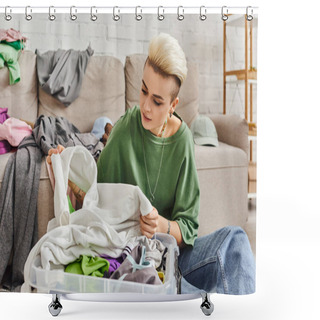 Personality  Young Woman With Tattoo And Trendy Hairstyle Sorting Second-hand Clothes In Plastic Container Near Couch In Modern Living Room, Sustainable Living And Mindful Consumerism Concept Shower Curtains