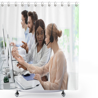 Personality  Young Customer Support Workers Solving Clients Problem Together At Call Centre Office Shower Curtains