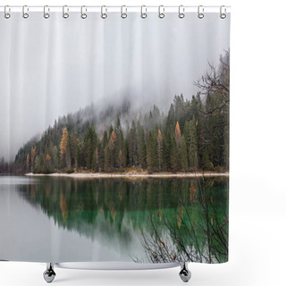 Personality  Alpine Lake In Foggy Morning In Mountains Shower Curtains