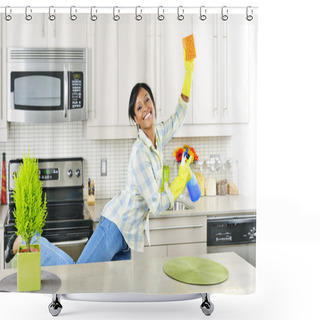 Personality  Young Woman Cleaning Kitchen Shower Curtains