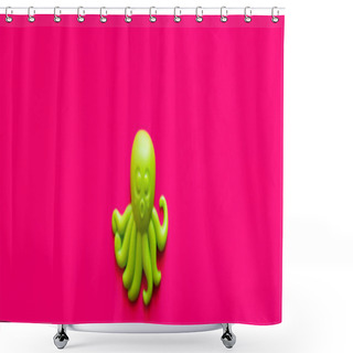 Personality  Top View Of Bright Green Octopus Toy On Pink Background, Banner Shower Curtains