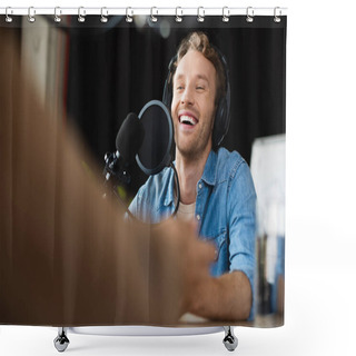Personality  Positive Radio Host In Headphones Laughing In Studio  Shower Curtains