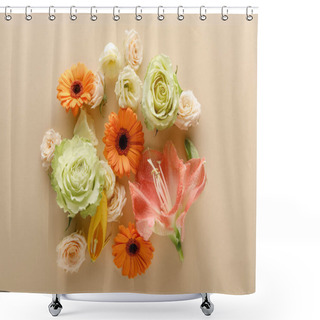 Personality  Top View Of Spring Flowers On Beige Background Shower Curtains