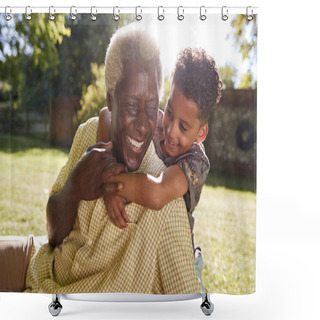 Personality  Senior Black Man Sitting On Grass, Embraced By His Grandson Shower Curtains