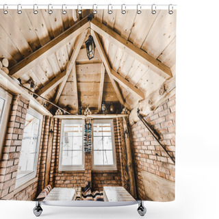 Personality  Interior Of Wooden Rural Cottage With Windows And Brick Walls Shower Curtains