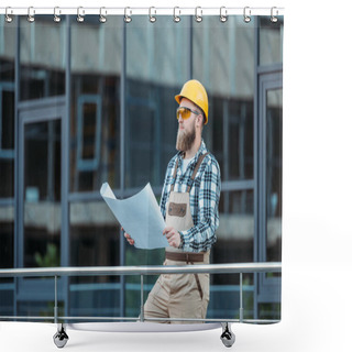 Personality  Young Construction Worker In Protective Googles And Hardhat Looking At Blueprint   Shower Curtains