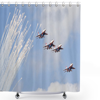 Personality  MiG-29 Jets From Strizhi Fighters Performing Aerobatic Elements And Ejecting Thermal Traps (salute) Shower Curtains