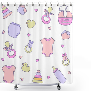 Personality  Seamless Pattern With Baby Girl Items. Newborn Clothes And Accessories Shower Curtains