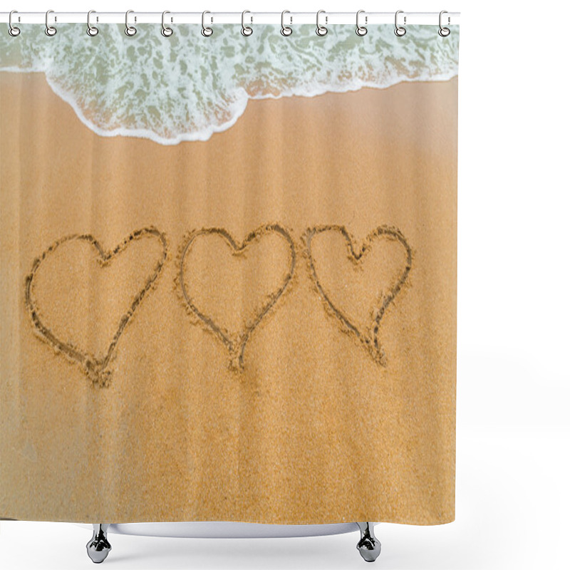 Personality  Three Hearts Drawn On Sandy Beach With Wave Approaching Shower Curtains