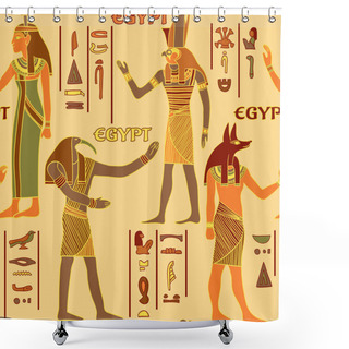 Personality  Vintage Seamless Pattern With Egyptian Gods And Ancient Egyptian Hieroglyphs. Retro Hand Drawn Vector Illustration Shower Curtains
