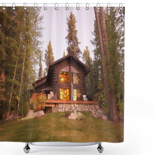 Personality  Beautiful Log Cabin Exterior Among Pines Shower Curtains