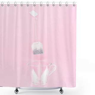 Personality  Top View Of One Tea Bag And Empty Glass Cup Isolated On Pink Shower Curtains