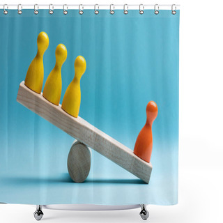 Personality  Close-up Of Red And Yellow Pawns Figures Balancing On Wooden Seesaw Over Blue Surface Shower Curtains