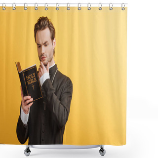 Personality  Concentrated Catholic Priest Touching Face While Reading Bible Isolated On Yellow Shower Curtains