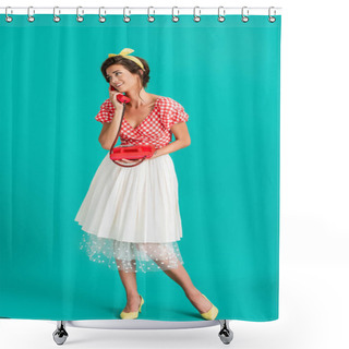 Personality  Full Length View Of Cheerful Pin Up Woman Talking On Vintage Telephone On Turquoise Shower Curtains