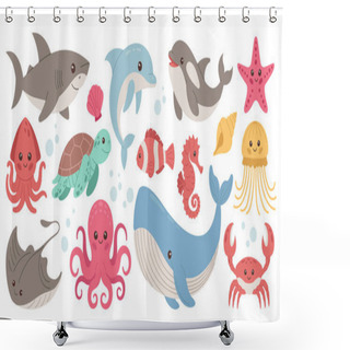 Personality  Set With Hand Drawn Elements Of Sea Animals, Sea Creatures. Vector Doodle Cartoon Set Of Sea Life Objects For Your Design. Shower Curtains