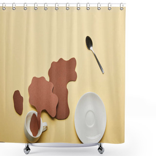 Personality  Top View Of Paper Cut Coffee Spills Near White Cup, Saucer And Spoon On Beige Background Shower Curtains