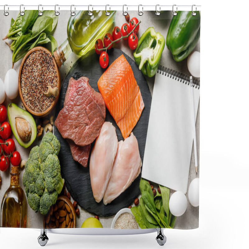 Personality  Top View Of Blank Notebook Near Raw Meat And Fish Among Fresh Vegetables, Ketogenic Diet Menu Shower Curtains