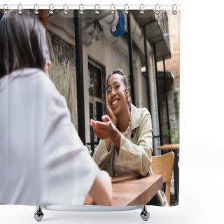 Personality  Smiling African American Woman Talking To Blurred Friend In Outdoor Cafe  Shower Curtains