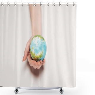 Personality  Partial View Of Female Hand With Earth Model On White Background, Global Warming Concept Shower Curtains