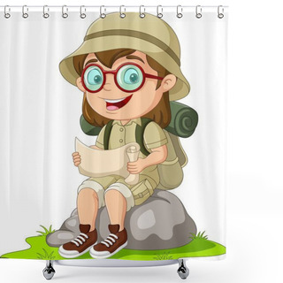 Personality  Cartoon Girl Scout On Rock Reading A Map Shower Curtains