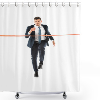 Personality  Handsome Businessman In Suit Running To Finishing Line Isolated On White Shower Curtains