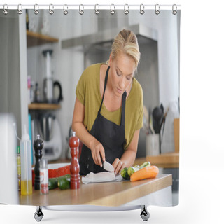 Personality  40-year-old Woman Cooking In Home Kitchen  Shower Curtains