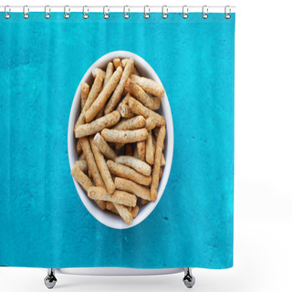 Personality  Small Breadsticks In A White Bowl On A Blue Background In A Top View Shower Curtains