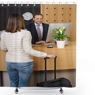 Personality  Hotel Receptionist Talking To Customer Shower Curtains