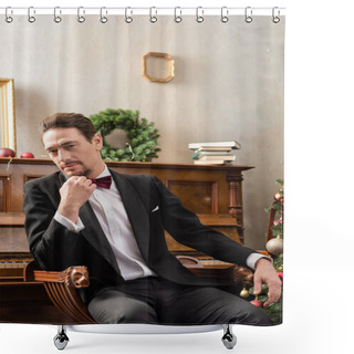 Personality  Elegant Gentleman In Tuxedo With Bow Tie Sitting Near Piano With Books And Christmas Baubles Shower Curtains