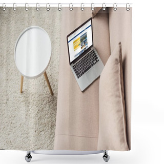 Personality  High Angle View Of Laptop Standing On Cozy Couch With Booking Website On Screen Shower Curtains