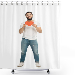 Personality  Bearded Latin Man Holding Red Heart-shape Carton And Smiling Isolated On White  Shower Curtains