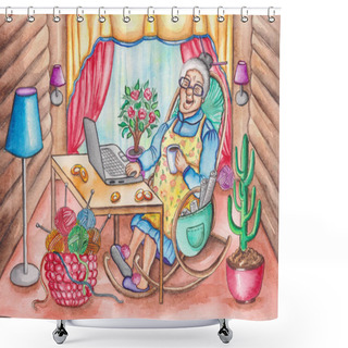 Personality  Grandmother Is Sitting In A Rocking Chair. She Communicates With Her Grandchildren On A Laptop. The Illustration Can Be Used As A Greeting For Grandmother's Day. Shower Curtains