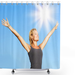 Personality  Healthy Young Woman Over Blue Sky Shower Curtains