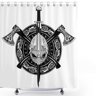 Personality  Viking Helmet, Crossed Viking Axes And In A Wreath Of Scandinavian Pattern And Viking Shield Shower Curtains