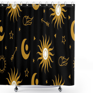 Personality  Golden Stars, Comets, Planets On A Black Celestial Cosmic Background. Vector Illustration In Flat Magic Style. Shower Curtains