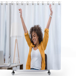 Personality  Happy Young Woman With Raised Hands Shower Curtains