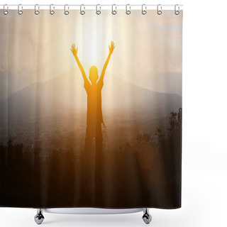 Personality  The Boy Holds His Hand In Delight At The Sunset In A Short Time  Shower Curtains