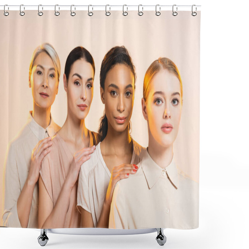 Personality  four beautiful multicultural women looking at camera isolated on beige  shower curtains