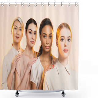 Personality  Four Beautiful Multicultural Women Looking At Camera Isolated On Beige  Shower Curtains