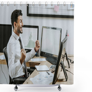 Personality  Side View Of Smiling Bi-racial Trader Showing Yes Gesture And Looking At Computer  Shower Curtains
