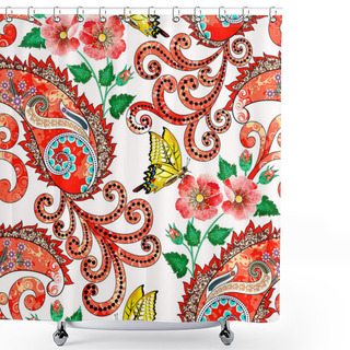 Personality  Seamless Pattern Red Shades With Paisley, Butterflies, Flowers Shower Curtains