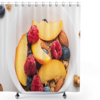 Personality  Closeup Of Delicious Granola With Nuts, Peach, Blueberry And Raspberry Shower Curtains