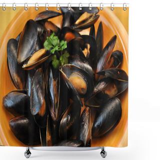 Personality  Plate Of Mussels Garnished With Parsley Shower Curtains