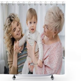 Personality  Joyful Women Looking At Toddler Girl Holding Spoon In Kitchen Shower Curtains